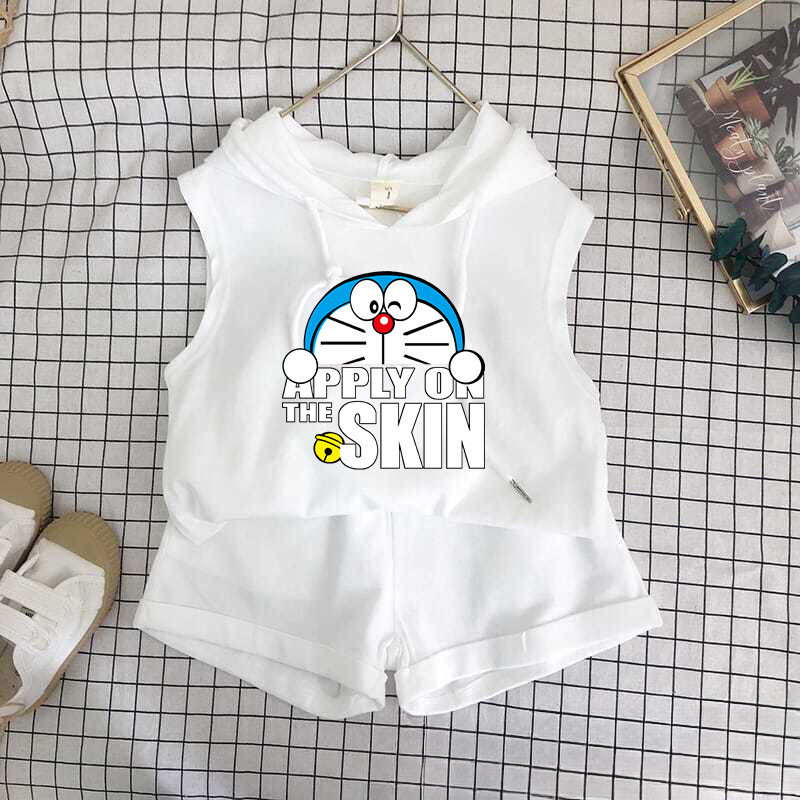 Bộ đồ trẻ em hoạt hình dễ thương in hình Doremon 2024 - Áo Vest và quần short có mũ trùm đầu dễ thương dành cho trẻ em Bộ hai mảnh