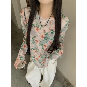 Milyfashion Rời Kích Thước Lớn Thường Ngày Retro Hoa Dài Tay Đáy Áo Sơ Mi Phong Cách Mới Mùa Hè Chống Nắng Quần Áo Tulle Bên Ngoài Top