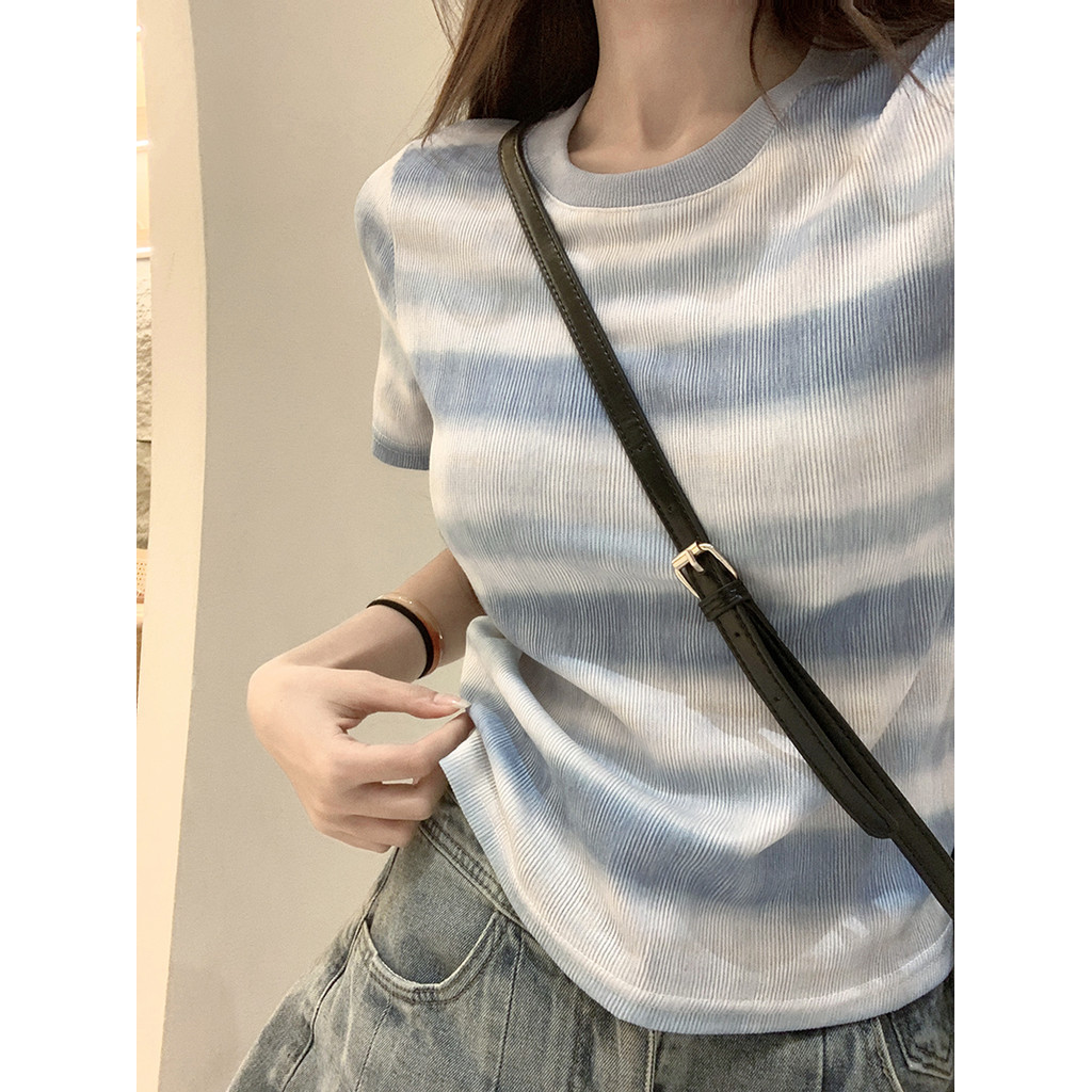 Suxi Áo thun ngắn tay cổ tròn sọc cotton mới 240604