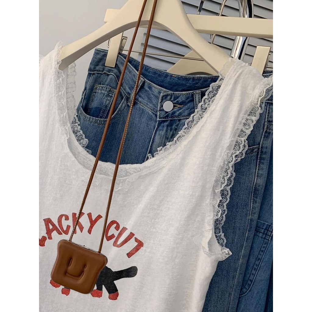 Milyfashion Loose Size Lớn Ren Trắng Khâu Sling Không Tay Top Mặc Ngoài Mèo Đen In Hình Dễ Thương Thường Ngày Phong Cách Ba Lê