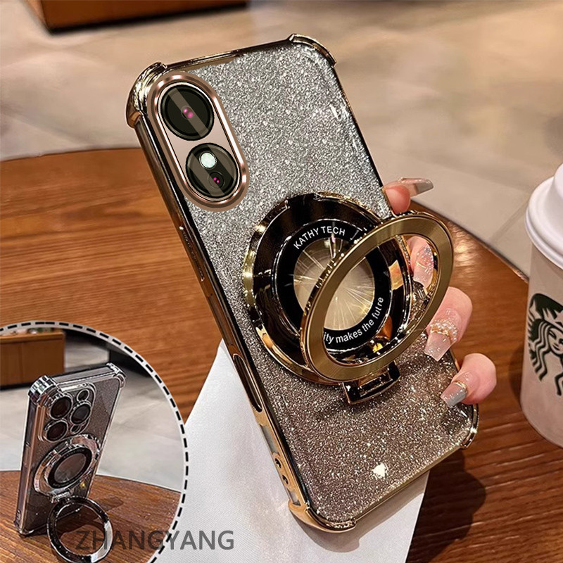 Ốp Lưng Cho OPPO A78 5G A58 5G Vỏ Điện Thoại Mạ Điện Bốn Góc Chống Rơi Thẩm Mỹ Giấy Lấp Lánh Thiết Kế Mới Giá Đỡ Điện Thoại TPU Mềm