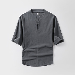 Plus Size Men Linen Buttoned T-Shirt Oversize Cotton Linen Three-Quarter Sleeve Casual Loose V-Neck