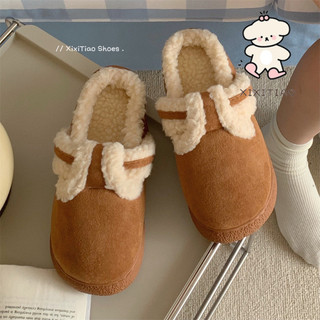 Xixitiao2024 Phong Cách Mới Thời Trang Phong Cách Retro Lông Cừu Birkenstock Giày Thu Đông Ấm Áp Trong Nhà Thoải Mái Đế Mềm Confinement Giày Cotton Nữ
