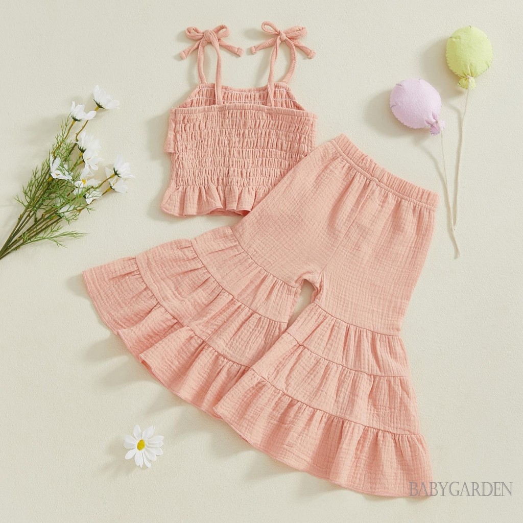 Bộ bé gái 6M-6Y, Dây đeo viền không tay Camisoles + Dây thắt lưng co giãn Quần loe mùa hè