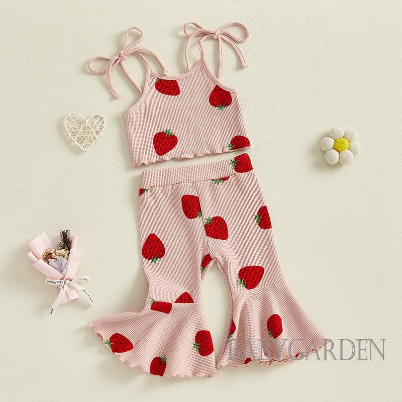 / / -6M-5Y Bé Gái Trang Phục Mùa Hè Cho Bé Gái Áo Nơ In Dây Đeo Spaghetti Không Tay Áo + Quần loe