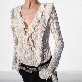 Áo Sơ mi Zara made in Morocco trắng ren voan dáng ôm