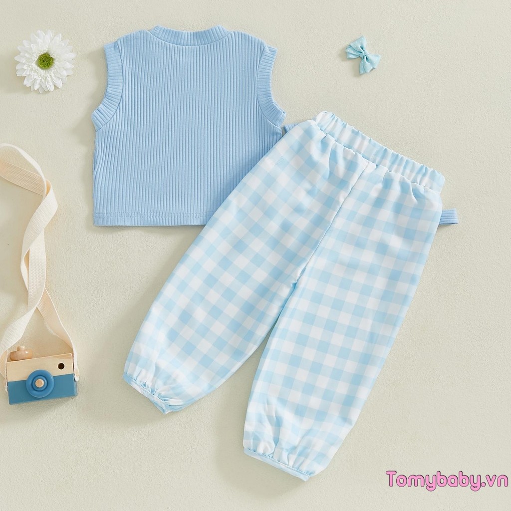 Áo ba lỗ cổ tròn không tay cho bé gái + Quần kẻ sọc nơ Trang phục mùa hè