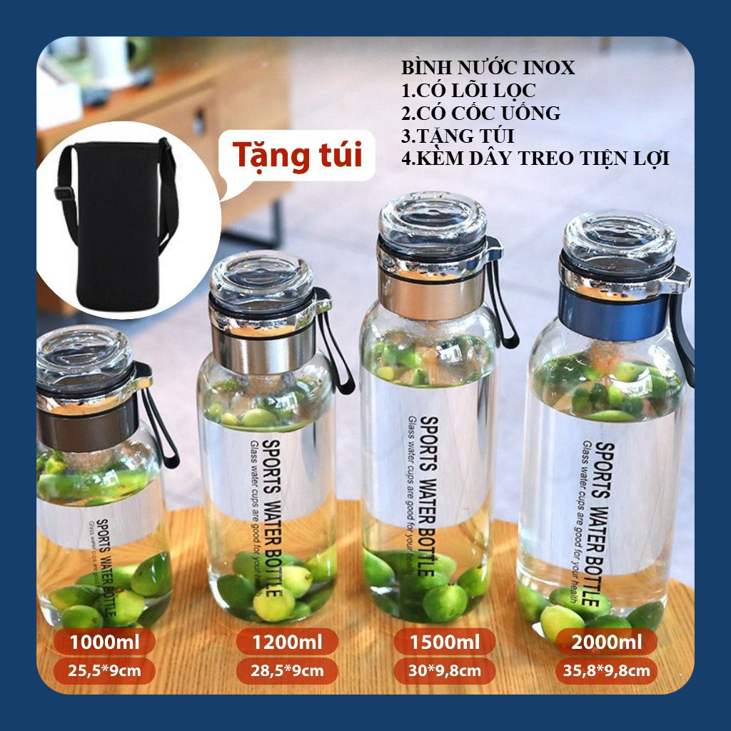[TẶNG TÚI] Bình Nước Thủy Tinh BLACKCUP Cực Dày Đẹp- Lõi Lọc Trà Inox- Dung Tích 350 -500-1000-1500ML