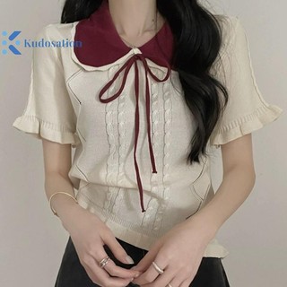 Kudosation Mùa Hè Hàn Quốc Nơ Ngọt Ngào Cổ Búp Bê Tay Ngắn Dệt Kim Áo Thun Nữ Đẹp