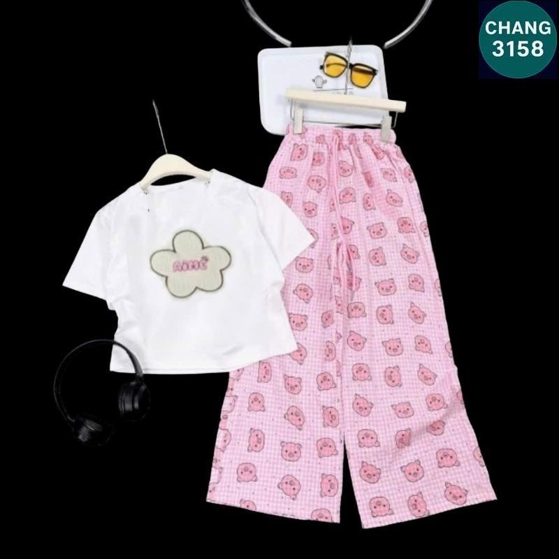 Sét Bộ Đồ Cho Bé Gái Size 30-55kg Quần Heo Hồng + Mix Áo form vừa CROPTOP thêu bông hoa-CHANG 3158