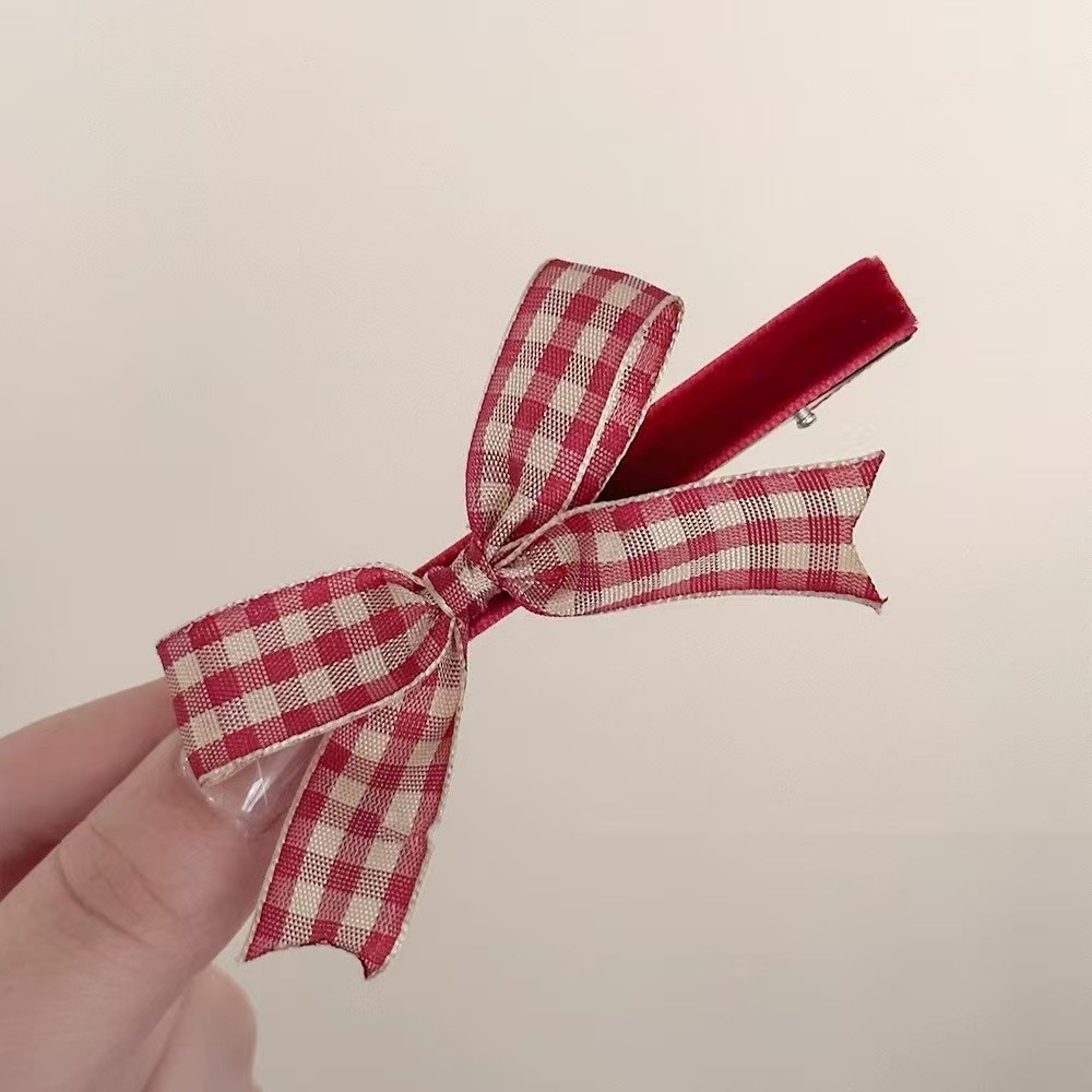 Kẹp tóc nơ ca rô màu đỏ ngọt ngào dành cho nữ