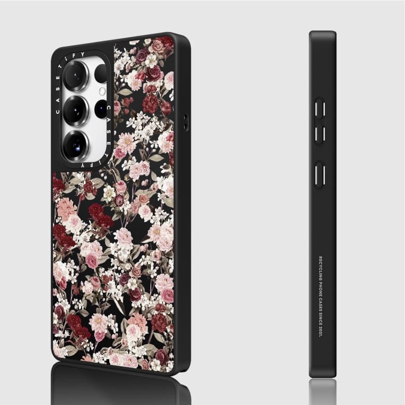 Casetify X Ốp lưng in hoa Matte Black & Sliver Mirror Vỏ hút từ tính Samsung Galaxy S23 S24 S25 Ultra Plus Mặt sau cứng có hộp khắc logo