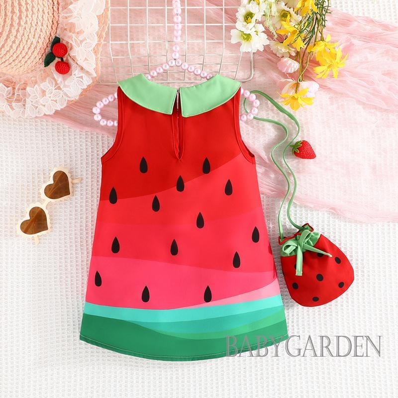 Baga-6tháng-3 tuổi Bé Gái Dưa Hấu In Hình Búp Bê Cổ Áo Không Tay Có Túi Thời Trang Mùa Hè Công Chúa Quần Áo Thường Ngày