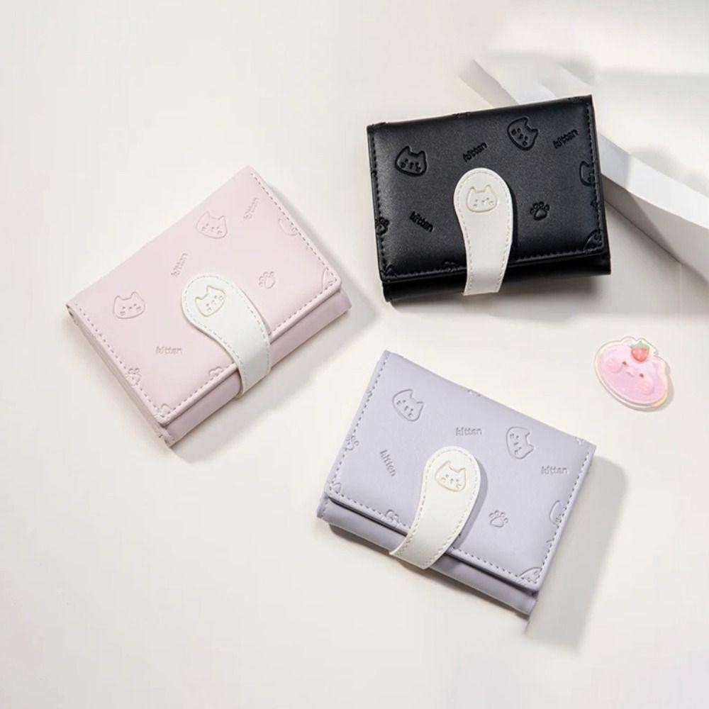 NOTE1 Ví Nhỏ Ngắn Dễ Thương, Túi ID Bé Gái PU Mèo Con In Ví, Ví Đựng Thẻ Khóa Dây Đeo Nữ Túi Đựng Tiền