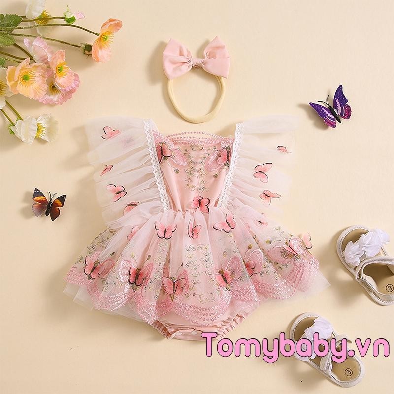 Bé Gái Rompers Ren Viền Họa Tiết Bướm Thêu Bay Tay Áo Tulle Viền Body Quần Áo + Băng Đô