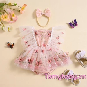 Bé Gái Rompers Ren Viền Họa Tiết Bướm Thêu Bay Tay Áo Tulle Viền Body Quần Áo + Băng Đô
