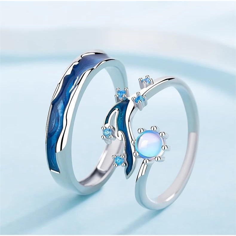 S925 Bạc Nàng Tiên Cá Và Biển Cặp Đôi Nhẫn Thời Trang Đá Mặt Trăng Mở Có Thể Điều Chỉnh Nam Nữ Nhẫn Cặp Đôi