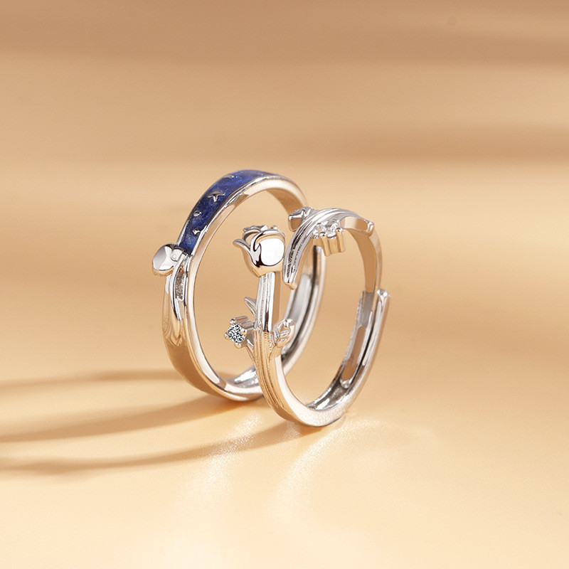 S925 Bạc Hoàng Tử Nhỏ Và Hoa Hồng Cặp Đôi Nhẫn Đơn Giản Mở Đầu Có Thể Điều Chỉnh Nam Nữ Nhẫn Cặp Đôi Quà Tặng Ngày Lễ Tình Nhân