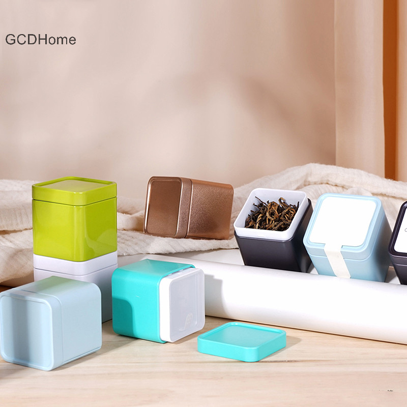 Gcdhome 1 Kín Trà Thiếc Bảo Quản Caddy Nhỏ Vuông Cà Phê Lá Trà Hộp Đựng Gia Vị HOT