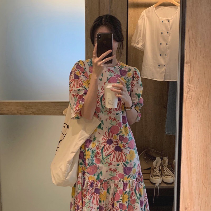 Đầm tay phồng mùa hè Phong cách mới Đầm khí chất hoa bên bờ biển Phong cách ngày lễ Kích thước lớn Đầm dài