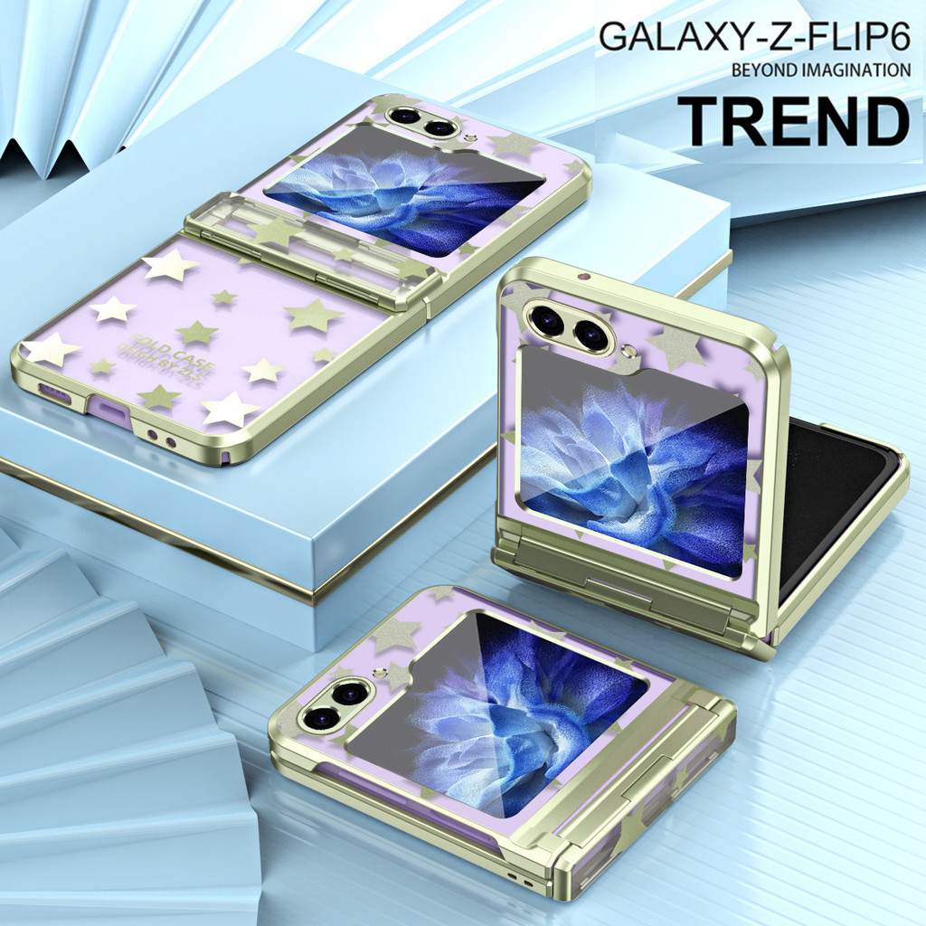 Bản lề mạ sang trọng Ngôi sao thời trang Vỏ trong suốt cho Samsung Galaxy Z Flip 6 Flip 5 Flip 4 Flip 3 5G Bảo vệ chống sốc ZFlip6 Flip5 Flip4 Flip3 Vỏ điện thoại