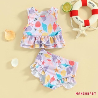 Mg-toddler Girl 's Summer Bikini 2 Chiếc Bộ Hình Sao Biển Không Tay Cổ Tròn Xù Áo Có Quần Short Đồ Bơi
