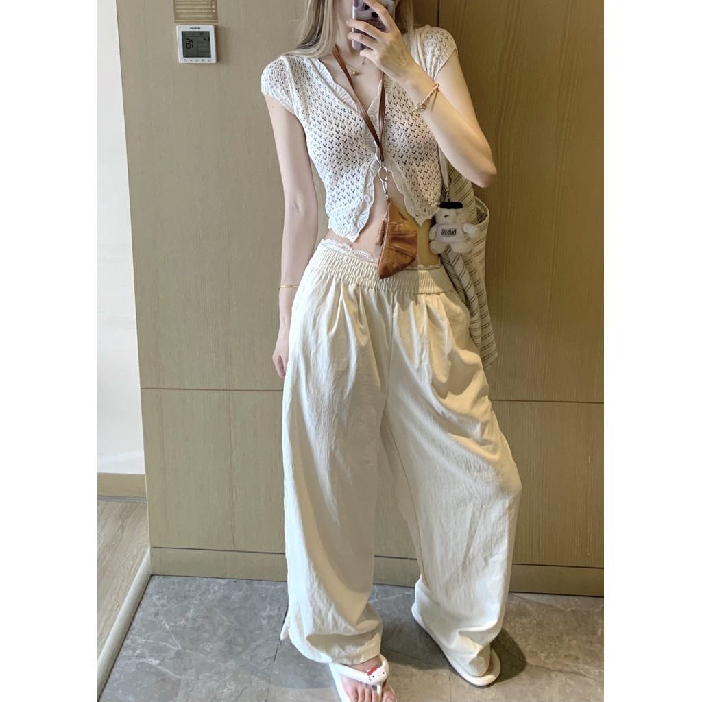 Mùa Hè Mới Co Giãn Eo Ren Rỗng Rời Quần Dài Nữ Ống Rộng Quần 240624