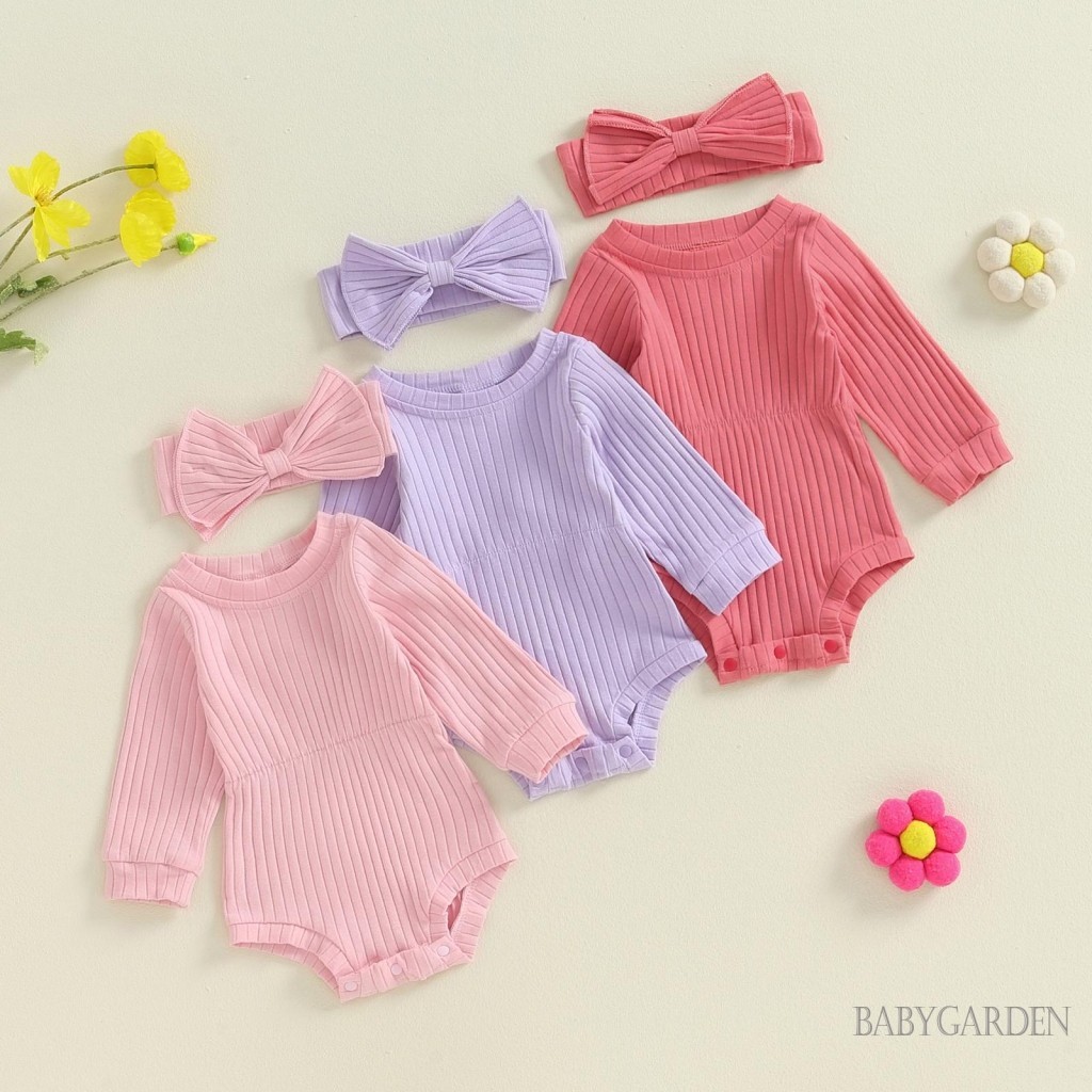 Baga-bộ đồ liền thân mùa thu cho bé gái / Áo liền quần dài tay có gân màu trơn / Băng đô dễ thương / Trang phục trẻ sơ sinh