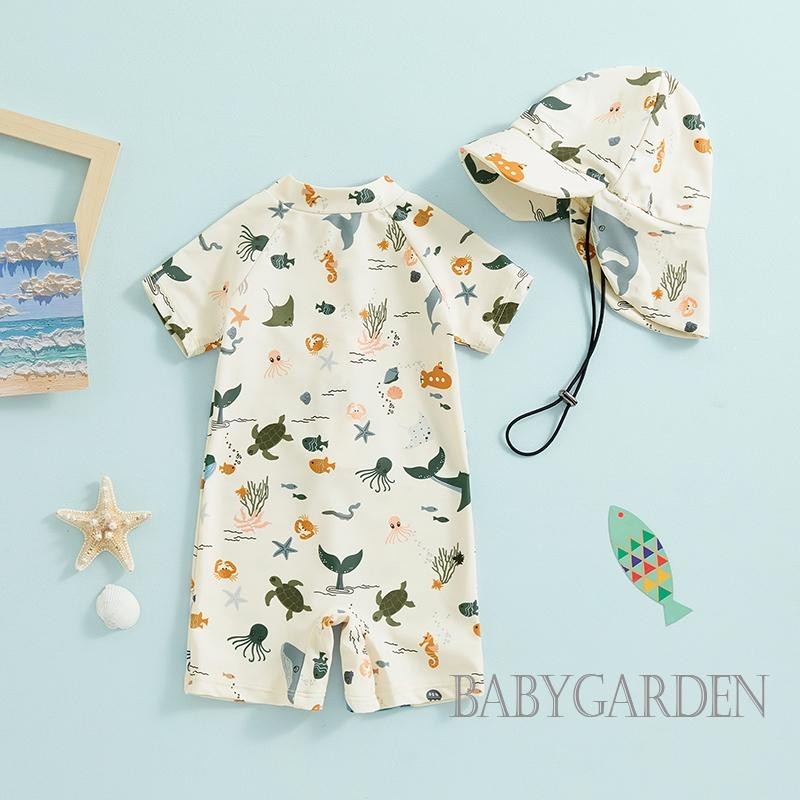 Baga-3 tuổi Đồ bơi bé trai có mũ / chống nắng tay ngắn cổ tròn in hình động vật Đồ bơi có dây kéo