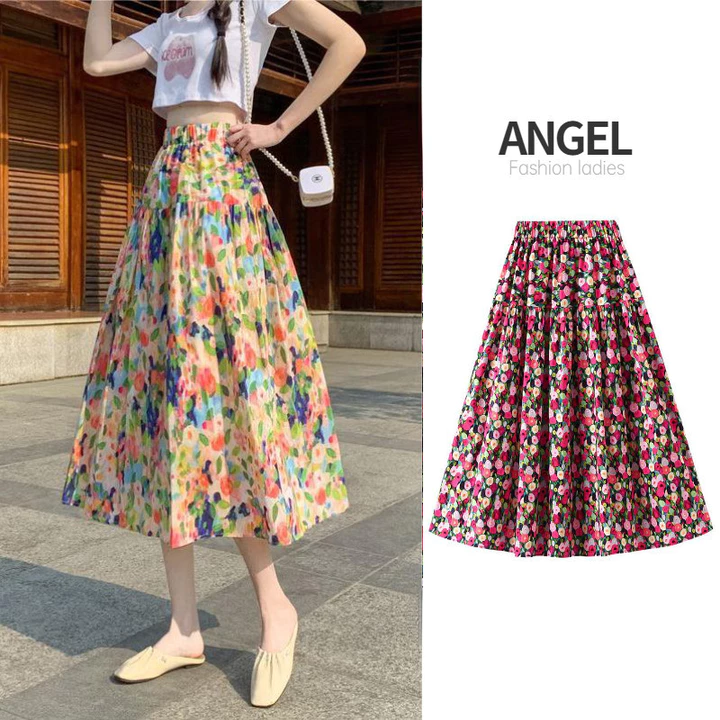 ANGEL Váy midi nữ thời trang in hoa thun Hàn Quốc lưng cao chữ A màu hồng mỏng váy xích đu lớn váy dài dành cho nữ