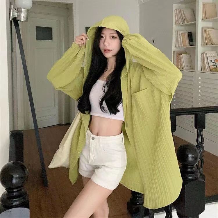Áo khoác chống nắng dài tay có mũ mỏng cho phụ nữ, phong cách Hàn Quốc, áo cardigan mỏng vừa mùa hè mới