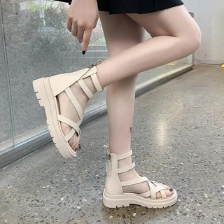 Dép Nữ 2022 Hàn Quốc, dây kéo sau, da mềm, mũi rỗng, phong cách Preppy La Mã