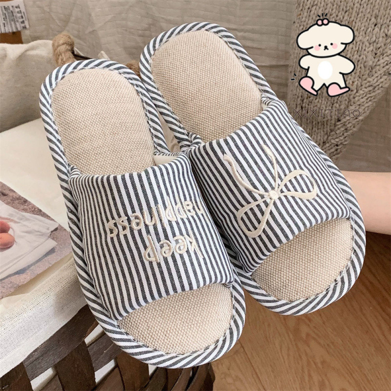 Xixitiao Retro Nơ Vải Lanh Dép Phong Cách Nhật Bản Màu Sắc Tương Phản Phòng Ngủ Nữ Hộ Gia Đình Bốn Mùa Đa Năng Thoải Mái Hút Mồ Hôi Sàn Giày