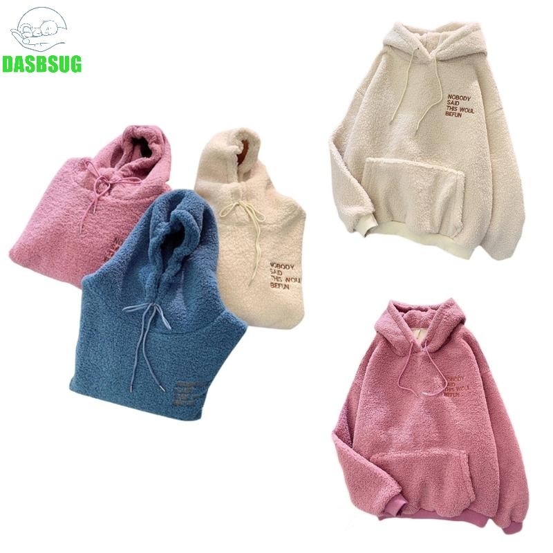 Dasbsug Áo khoác dài tay ấm áp dày Áo len lông cừu Casuall dáng rộng vừa vặn Áo Hoodie