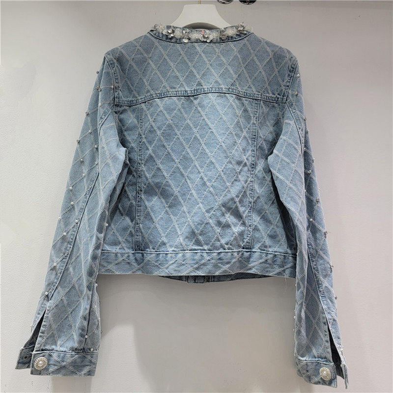 Ga Châu Âu Xuân Thu 2025 Phong Cách Mới Kim Cương Checkered Công Nghiệp Nặng Đính Hạt Denim Áo Khoác Nữ Dạo Phố Phù Hợp Với Áo Khoác Rời