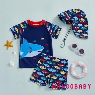 Mg-baby Bộ Đồ Bơi Bé Trai Tập Đi In Hình Cá Mập Tay Ngắn Rash Guard Áo Bơi Quần Short Mũ Chống Nắng 3 Bộ Đồ Tắm Trang Phục