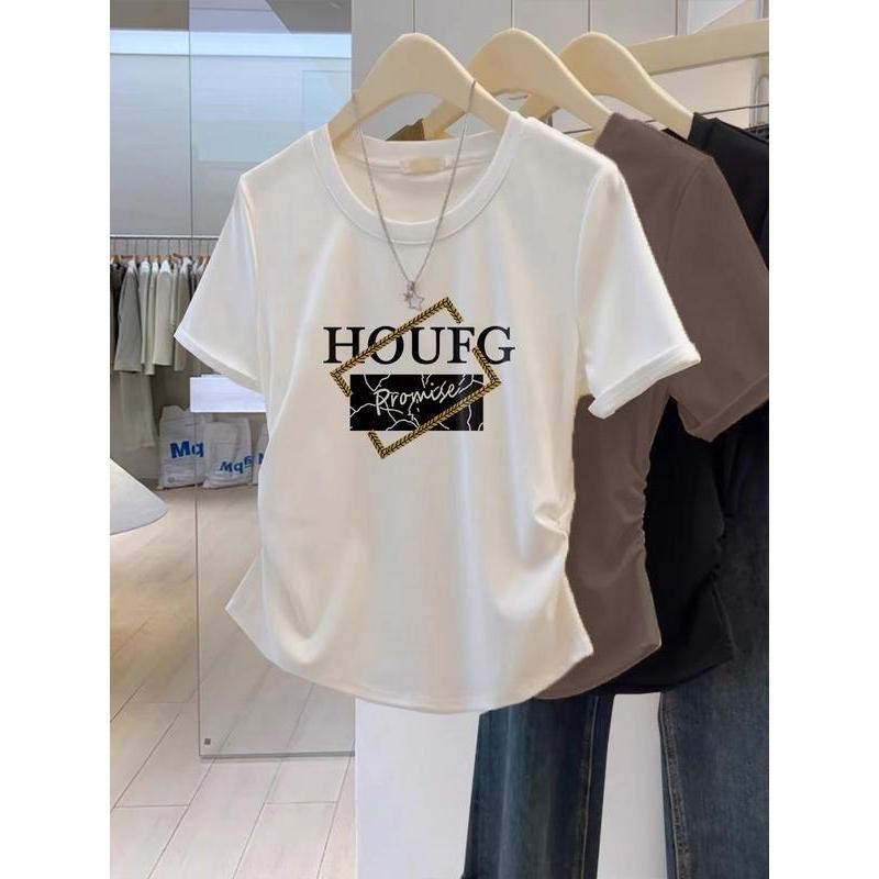 Plus Size Quần Áo Nữ Cổ Tròn Áo Thun Trơn Xếp Ly Cho Nữ Body Slim-Fit Dễ Thương Crop Top Cosplay