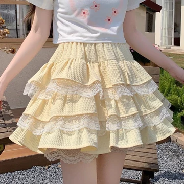 Ngọt Ngào Phong Cách Cô Gái Ren Bánh Váy Nữ Váy Nhỏ Cao Cấp Xếp Ly Chữ A Váy Phồng Phong Cách Cô Gái Ngọt Ngào Váy Bánh Ren Nữ Váy Nhỏ Eo Cao Xếp Ly Váy Chữ A Puffy