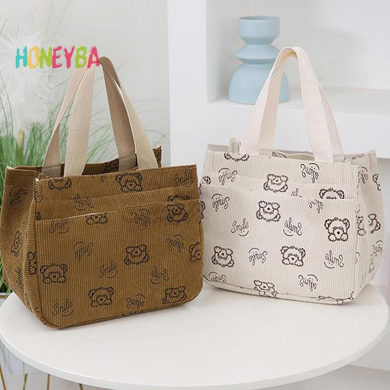 < Honeyba > Túi xách vải nhung in hình hoạt hình dễ thương Túi xách đa năng nhân viên văn phòng Bữa trưa Túi Tote Bento