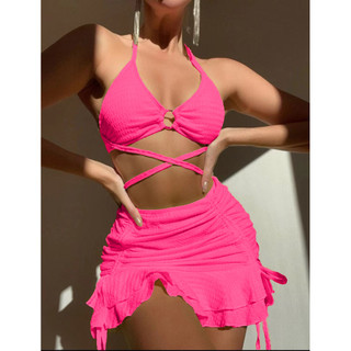 Đồ Bơi Nữ Màu Kẹo Dây Đeo Chéo Voan Váy Ba Mảnh Bikini Tắm SUit