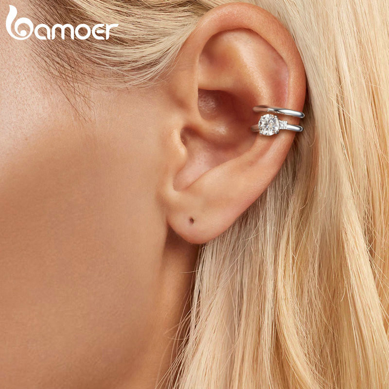 Bamoer 925 Bông Tai Bạc Moissanite Thiết Kế Hai Lớp Kẹp Tai Sáng Trang Sức Quà Tặng Cho Nữ