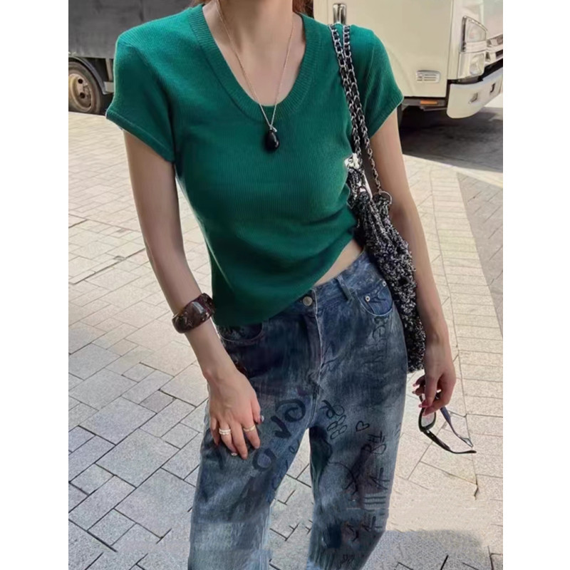 Suxinew Mùa Hè Phong Cách Tối Giản Màu Trơn Cổ Ôm Phù Hợp Với Đa Năng Ngắn Tay Dệt Kim Áo Len Nữ Top 240419
