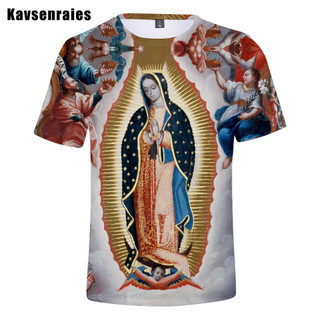 Guadalupe Virgin Mary Công Giáo Áo Thun Nam Unisex Thời Trang Thường Ngày 3D In Áo Mùa Hè Bông Tai Kẹp Dạo Phố Quá Khổ Áo