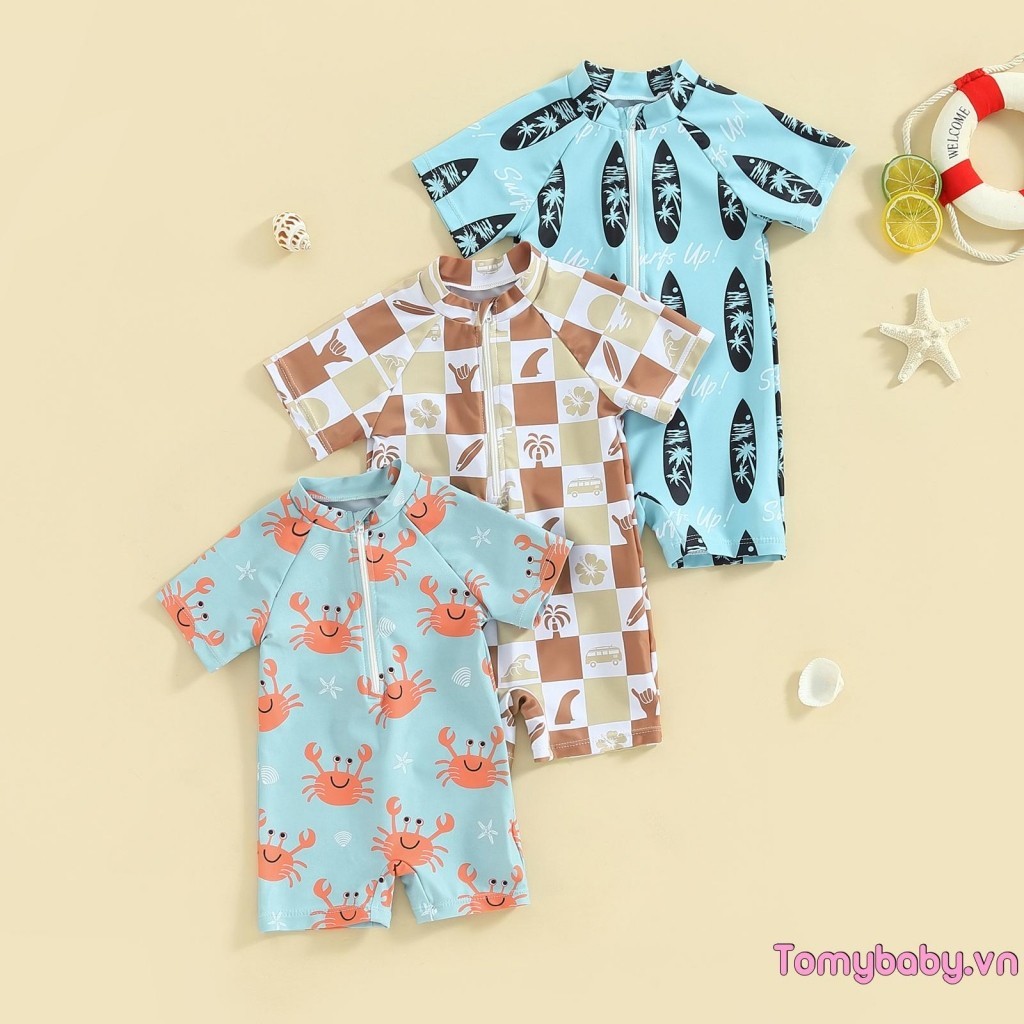 Bé Trai Rash Guard Đồ Bơi Tay Ngắn Cua In Hình Đồ Bơi Mùa Hè Áo liền quần Đi Biển