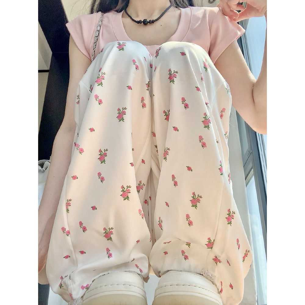Quần ống rộng hoa nhí Quần yếm hoa quần hoạt hình trắng nữ Mùa hè eo cao ống rộng thẳng buộc kiểu Mỹ Thể thao khô nhanh