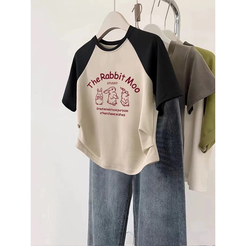Suxi Retro In Hình Mùa Hè Mới Thường Ngày Màu Sắc Tương Phản Cổ Tròn Ngắn Tay Áo Thun Nữ Nguyên Chất Cotton Top 240529