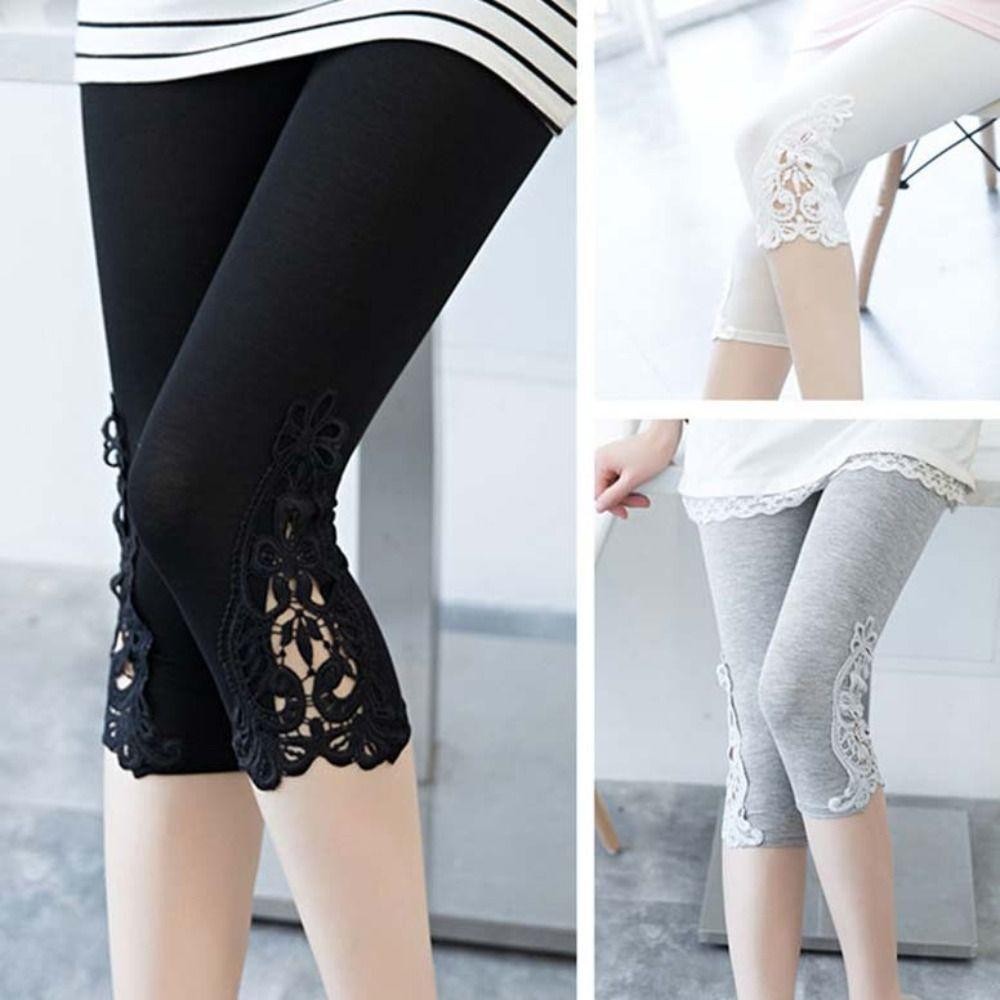 Quần capri co giãn CHIPHIVE, cạp thun, legging ren cạp cao, bó màu trơn hoa ren, phong cách kỳ nghỉ