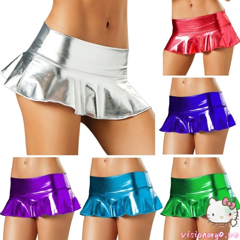Tầm nhìn Nữ Wetlook Da PU Váy Mini Eo Thấp Xếp Ly Một Dòng Micro Váy