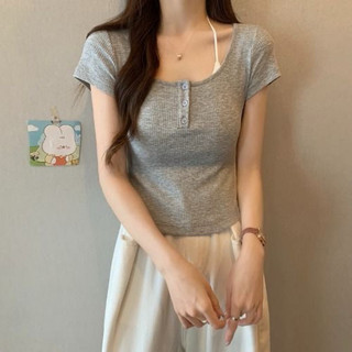 Áo Thun babytee Form ôm Cúc Cài Cổ Tròn tay ngắn nữ
