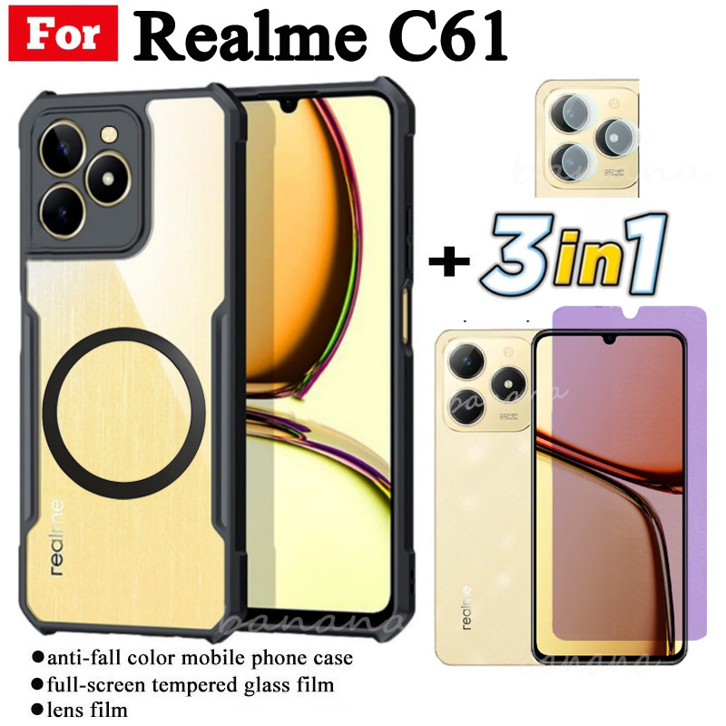 Ốp điện thoại chống sốc 3 trong 1 Realme C61 có nhãn dán sạc không dây từ tính cho Realme C75 C63 Note 60 60X Kính cường lực bảo vệ toàn diện + Phim ống kính